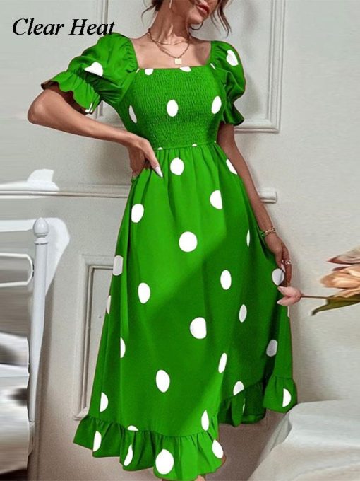 Robe longue imprimée à pois pour femmes, col carré, bord à volants, manches princesse, décontracté, vacances, doux, été, 2023 1