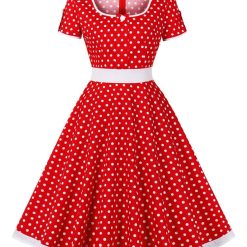 Tonval-Robe Rockabilly à pois pour femmes, manches courtes, patchwork de coton, robe longue vintage, devant un bouton, liens d'abonnés 1
