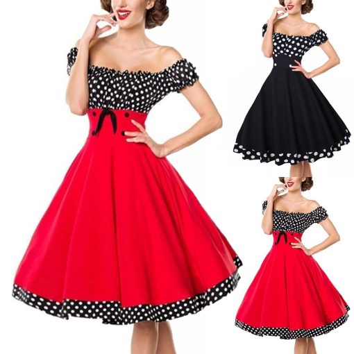 Robe élégante en patchwork à pois pour femmes, style Hepburn, robes vintage, col slash, hors de l'initiative, robe de soirée d'été, robe de Rh, 2023 1