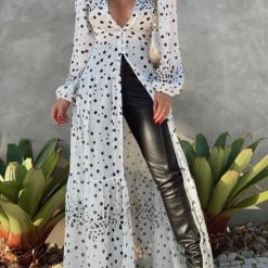 Robe longue décontractée à pois pour femmes, manches longues, col en V, bouton sur le devant, ligne 03/A, mode de fête, automne, 2022 1