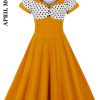 Robe Rockabilly Swing pour femme, robe de soirée éducative, robe imprimée à pois, jaune et noir, vintage décontracté des années 50, 4XL, 2022 1