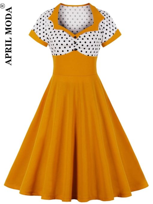 Robe Rockabilly Swing pour femme, robe de soirée éducative, robe imprimée à pois, jaune et noir, vintage décontracté des années 50, 4XL, 2022 1