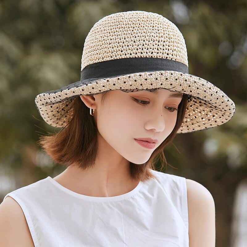 Hepburn – chapeau de paille coupe vent pour femmes, chapeau de plage pliable en maille à pois, Protection contre le soleil en plein air, casquette de pêcheur roulée, nouvelle collection été 2