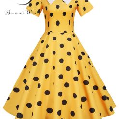 Robe d'été mi-longue jaune à pois pour femmes, manches courtes, col claudine, robe de soirée élégante, robe d'été décontractée vintage, ligne A 1
