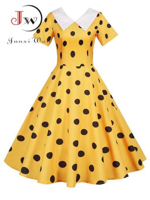 Robe d'été mi-longue jaune à pois pour femmes, manches courtes, col claudine, robe de soirée élégante, robe d'été décontractée vintage, ligne A 1