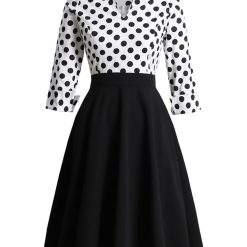 Tonval-Robe mi-longue bicolore à pois pour femme, col en V, manches trois quarts, blanc et noir, vintage élégant, rétro des années 50 1