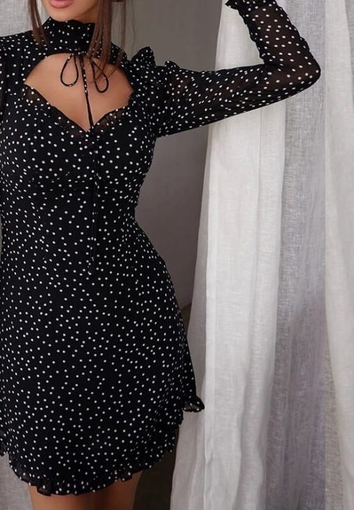Southpire – Mini robe De jour à lacets pour femmes, col en v, à pois noirs, en mousseline De soie, vêtements De fête Vintage 1