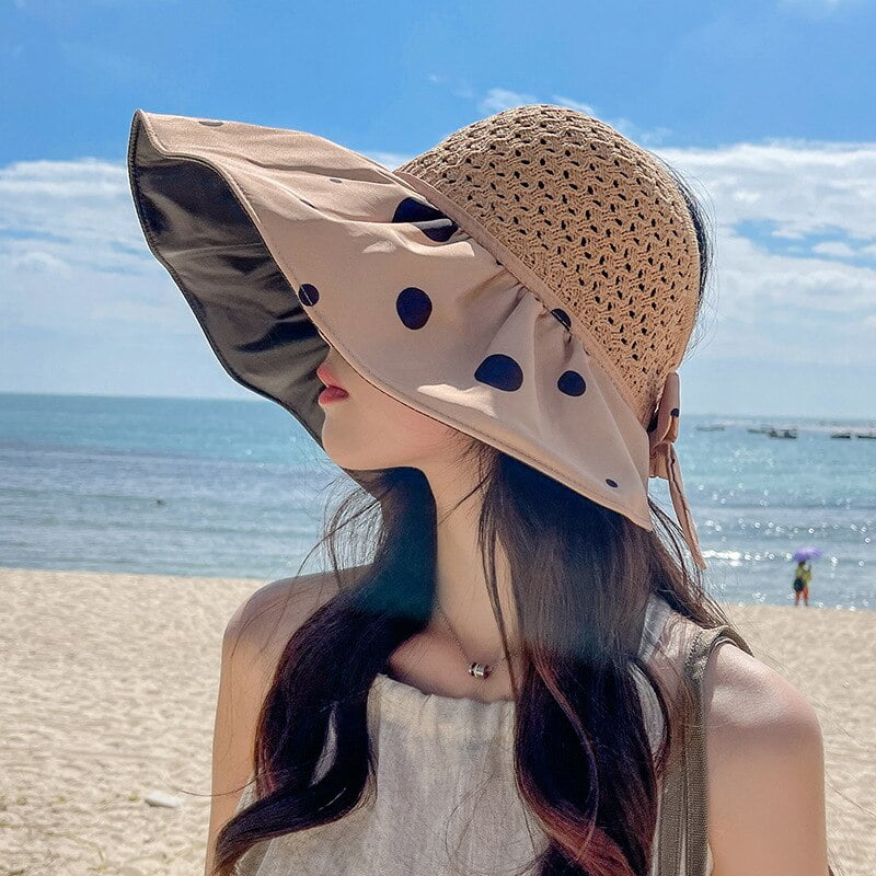 Chapeau seau à pois pour femmes, à grand bord, protection solaire d'extérieur, Anti-UV, pliable, vide, pour voyage, plage, été 2