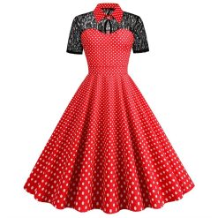 SISHION-Robe de soirée vintage en dentelle à pois pour femmes, col rabattu, manches courtes, robe rockabilly élégante, été 1