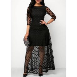 Robe longue en maille à pois noirs pour femmes, robe de plage sexy, robe en dentelle de tulle patchwork, mince, élégant, nouveau style, été, 2023 1