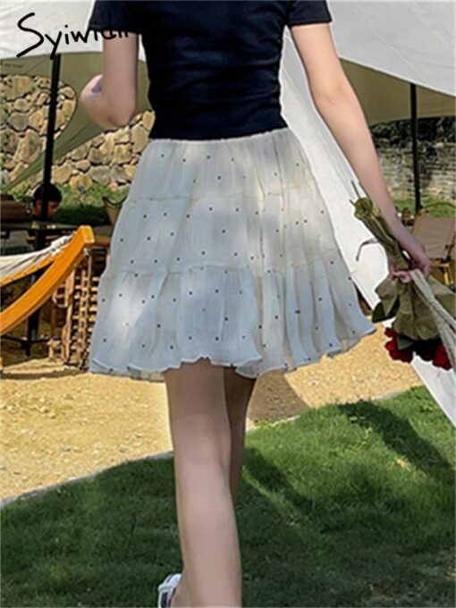 Syiwidii-Mini jupe chic en mousseline de soie à pois pour femmes, taille haute, mode coréenne élégante, ligne A, Y2K, été, nouveau, 2023 4