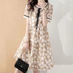 Robe mi-longue à pois style Mori Girl, décontractée, manches courtes, col rond, coréenne, nœud papillon, été 2023 1