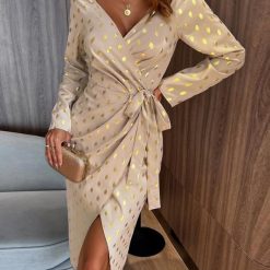 Robe de soirée mi-longue pour femmes, Slim, métallique, pois, détail noué, portefeuille, mode décontractée, manches longues, printemps automne 1