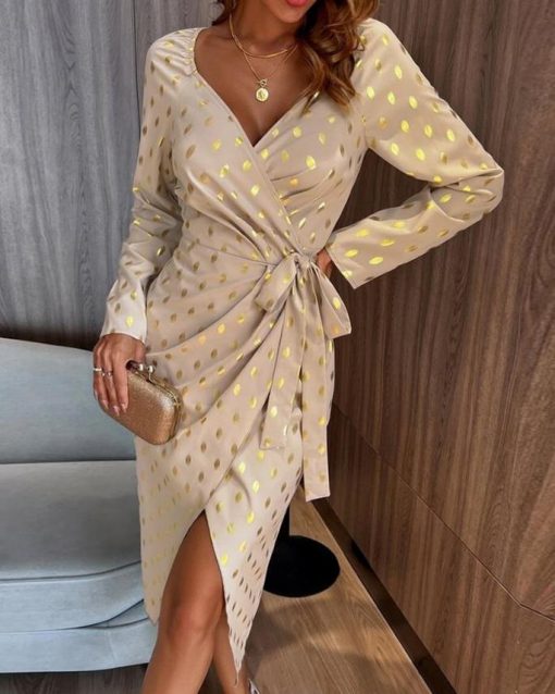 Robe de soirée mi-longue pour femmes, Slim, métallique, pois, détail noué, portefeuille, mode décontractée, manches longues, printemps automne 1