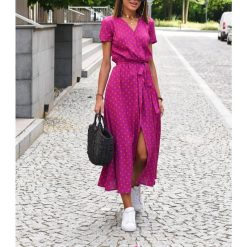Robe longue imprimée à la fleur en V Neck Dot Dot Perts Split Lace Robe Femme Femme Casual Short-Sleeved Street Vêtements Robe de plage Vestidos 1