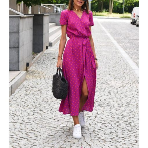Robe longue imprimée à la fleur en V Neck Dot Dot Perts Split Lace Robe Femme Femme Casual Short-Sleeved Street Vêtements Robe de plage Vestidos 1