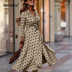 Y2K-Robe mi-longue élégante pour femme, col en V, imprimé à pois, manches trois-quarts, fente à lacets, mode printemps et automne, 2022 1