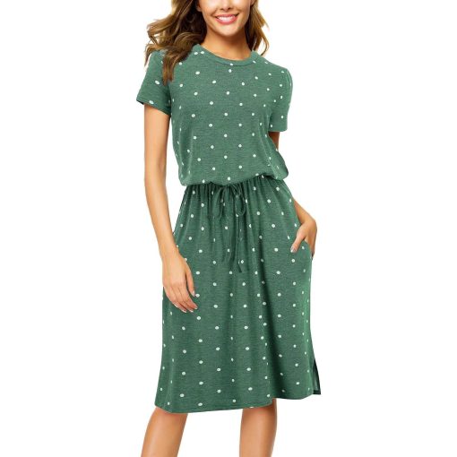 Robes d'été à pois pour femmes, col rond, taille ajustable, mi-longue, vague, manches courtes, taille fine 1