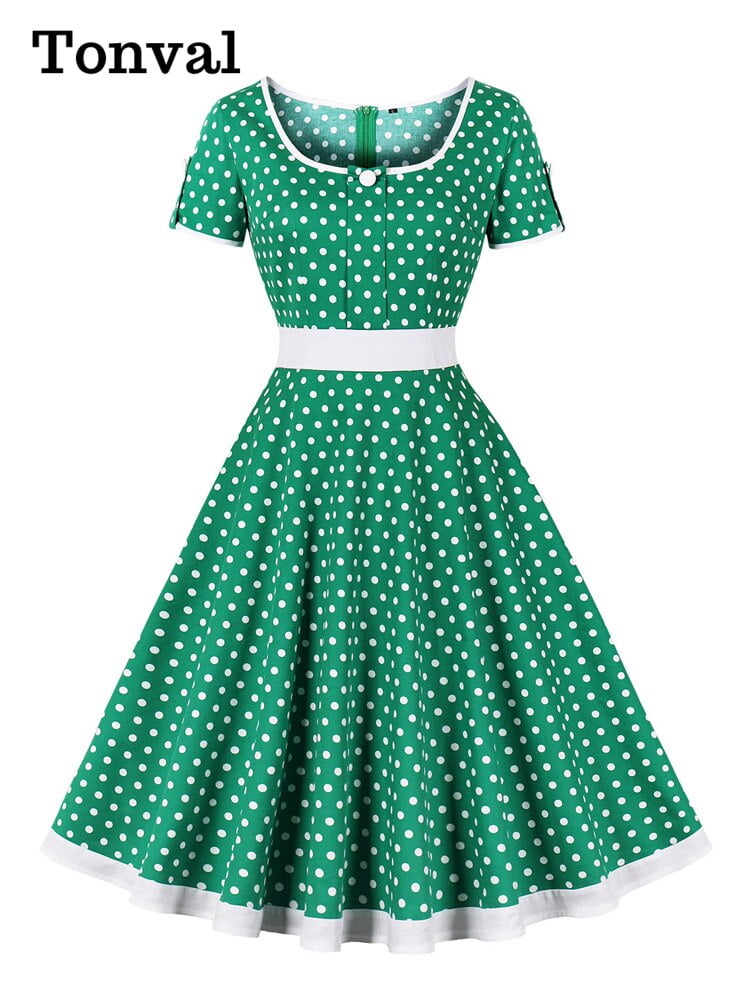 Tonval-Robe Rockabilly à pois pour femmes, manches courtes, patchwork de coton, robe longue vintage, devant un bouton, liens d'abonnés 2