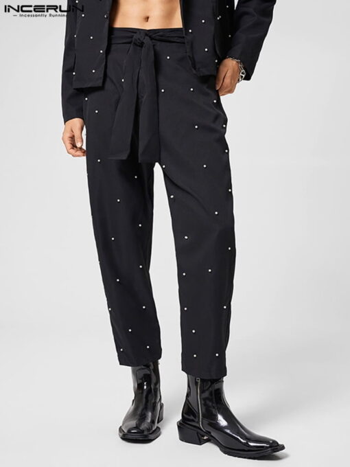 INCERUN-Pantalon Long de Style Américain pour Homme, Décoration à Pois Perlés, Streetwear Décontracté, Taille Haute, Bretelles FjS-5XL 2