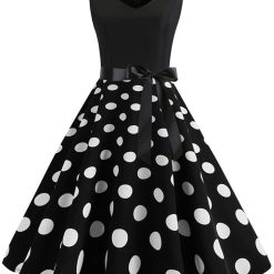 Robe d'été à pois noirs pour femmes, robe florale vintage Pin-up, robe éducative décontractée, ligne A, col en fibre V, robe de soirée sexy 1