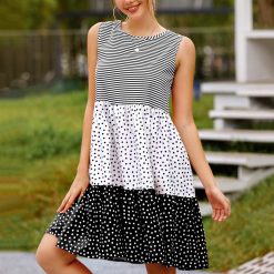 Robe trapèze patchwork à pois pour femmes, robe d'été courte décontractée, robe de plage confortable, été, 03 1