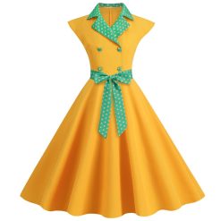Robe de bureau crantée pour femme, robe pin-up élégante, jaune, imprimé à pois, vintage, fibre, été, 2023 1
