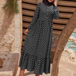 Robes de prière musulmanes à pois pour femmes, taille rétro, manches longues, court, tempérament 1