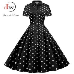 Robe d'été à pois noirs pour femmes, manches courtes, nœud rayé, élégante robe de soirée vintage Pin Up des années 50, robe éducative 1