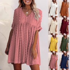Mini robe d'été sexy à pois pour femmes, décontractée, manches courtes, col en V, taille haute, fluide, plage, vacances, 2023 1