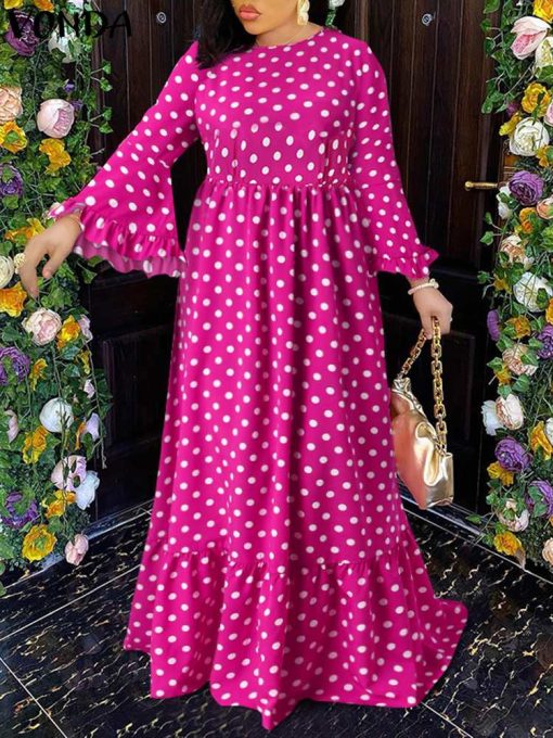 VONDA-Robe d'été plissée à manches longues pour femmes, robe d'été sexy, robe de soirée de vacances, imprimé à pois, robe Maxi, robe éducative, 2023 1
