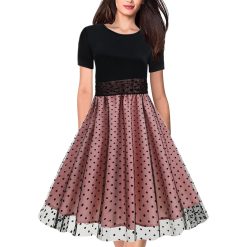 Robe à manches courtes pour femmes, décontractée, col ras du cou, motifs à pois, Patchwork, Vintage, robes semi-formelles, 2023 1