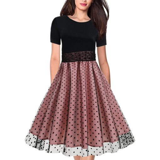 Robe à manches courtes pour femmes, décontractée, col ras du cou, motifs à pois, Patchwork, Vintage, robes semi-formelles, 2023 1