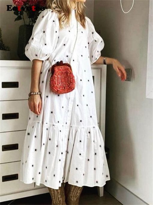 Eotvotee-Robe blanche à pois pour femmes, col montant, manches courtes, taille adt, robes d'été chics, robe décontractée élégante, nouveau, 2023 1