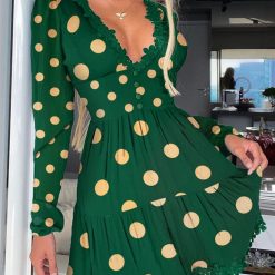 Mini robe froncée à manches longues pour femmes, imprimé à pois, bordure en dentelle, plongeante sexy, évasée 1
