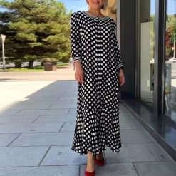 Robe de soirée élégante à col rond pour femme, vintage, imprimé à pois, patchwork, manches longues, bohème, dame de bureau, femme, printemps, nouveau 1