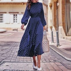 NEDEINS-Robe longue bleue style Boho, manches longues, élégante, grande taille, imprimé à pois, automne 1