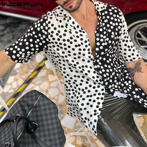 INCERUN Y-2023 American Style New Men Fashion Black and White Abonnés Polka Dot Blouse, Casual Male Short Sletransved Shirts, S-5XL 2