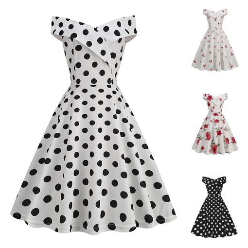 Robe de soirée à pois pour femmes, vintage, pin-up, années 50 et 60, rockabilly, sexy, col slash, rétro, imprimé, Rh, swing, été 1