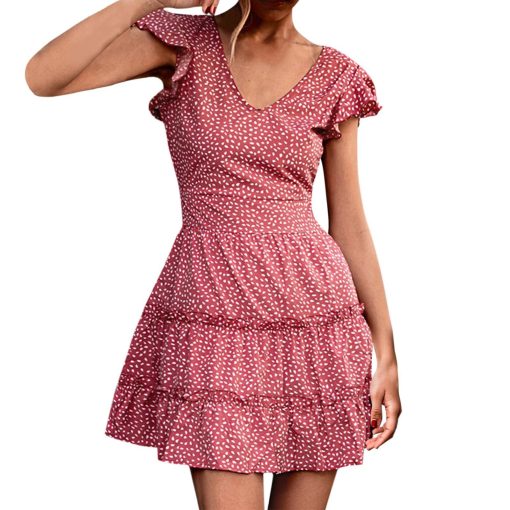 Robe d'été vintage à pois pour femmes, sexy, col en V, style Boho, tenue de plage, à volants, manches courtes, ligne A, mini, été 1