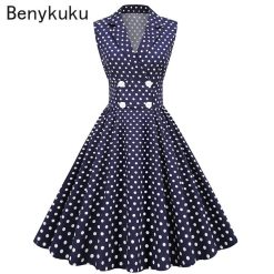 Robe de bureau Vintage pour femmes, col cranté à pois, boutons, taille haute, vêtements élégants d'été, pin-up, Swing, Hepburn, années 50 1
