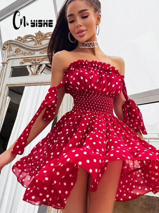 CNYISHE-Robe d'été froncée à pois rouges pour femmes, robes de soirée sexy, robe bohème douce, robes de soirée pour femmes, imprimé à pois, été 1