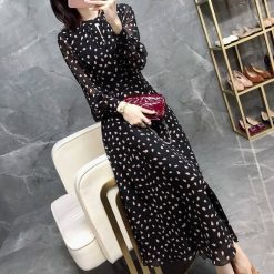 Robe en mousseline de soie à manches longues pour femmes, robe rétro à pois, printemps et automne 1