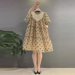 Y2k – Robe élégante à col rond pour Femme, manches courtes, perles, pois, grande taille, ample, été 1
