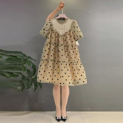 Y2k – Robe élégante à col rond pour Femme, manches courtes, perles, pois, grande taille, ample, été 1