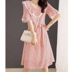 Robe mi-longue à volants à col en V pour femmes, vêtements de bureau élégants, épissé, bandage, pois, dame, été, nouveau, 2023 1