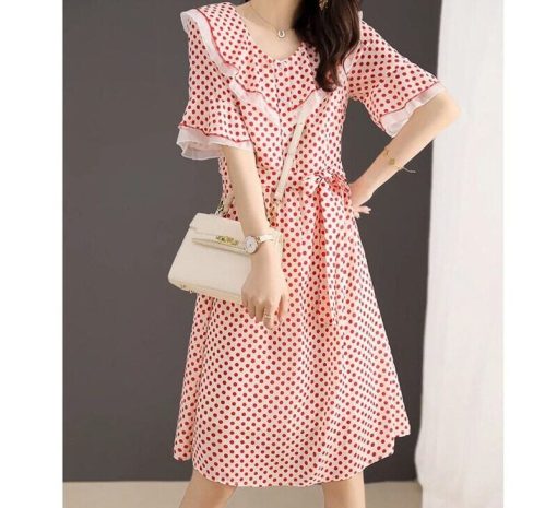 Robe mi-longue à volants à col en V pour femmes, vêtements de bureau élégants, épissé, bandage, pois, dame, été, nouveau, 2023 1