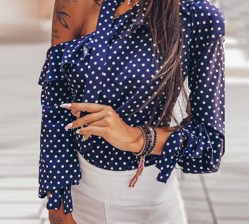 Chemisier à volants à pois pour femmes, chemisiers monochromes à manches longues, One Initiated 2