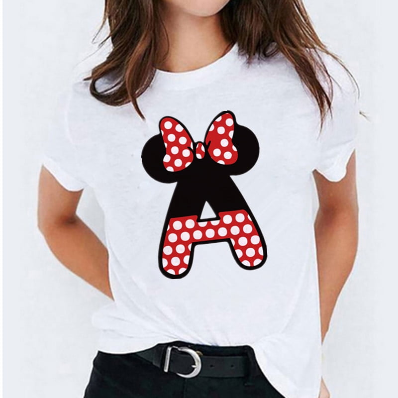 T-shirt imprimé Minnie Mouse Femmes Nom personnalisé Lettre BLOWomen's T-shirt de haute qualité Disney Police A-Z T-shirt à manches courtes 1
