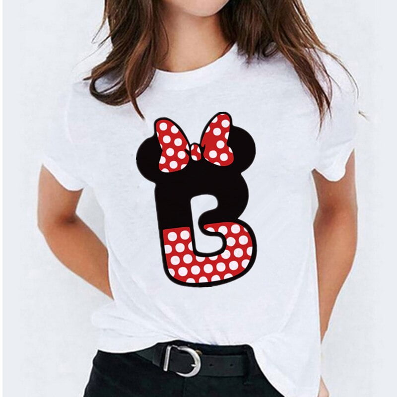 T-shirt imprimé Minnie Mouse Femmes Nom personnalisé Lettre BLOWomen's T-shirt de haute qualité Disney Police A-Z T-shirt à manches courtes 2